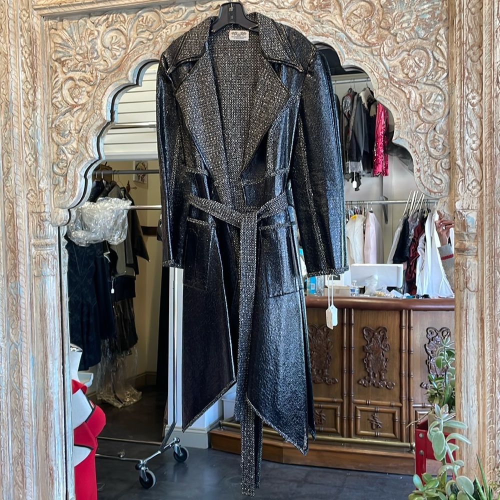 Faux leather shiny black and white lined wrap jacket trench coat